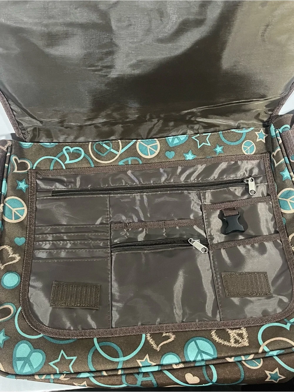 Mudd Brown Canvas Laptop Crossbody with Teal & Tan Peace Print
